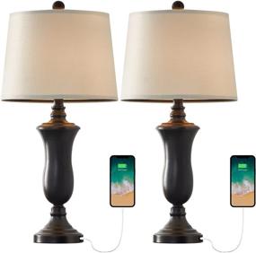 img 3 attached to 🏮 Set of 2 Black USB Table Lamps for Living Room - 25" Modern Bedside Lamps with Fabric Drum Shade for Bedroom