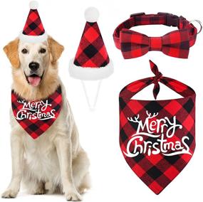 img 4 attached to Malier Christmas Dog Bandana and Hat Set - Classic Plaid Scarf, Triangle 🎅 Bibs, Bow Tie Collar for Small, Medium, Large Dogs - Pet Costume Accessories, 3 Pack