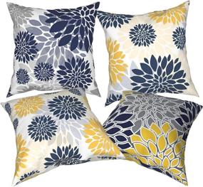 img 3 attached to 🌼 Set of 4 Navy Blue Gold Oversized Flower Geometry Throw Pillow Covers 18x18 - Modern Yellow and Gray Floral Decorative Cushion Cases for Couch, Sofa, Bedroom, Car