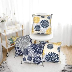 img 2 attached to 🌼 Set of 4 Navy Blue Gold Oversized Flower Geometry Throw Pillow Covers 18x18 - Modern Yellow and Gray Floral Decorative Cushion Cases for Couch, Sofa, Bedroom, Car