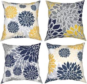img 4 attached to 🌼 Set of 4 Navy Blue Gold Oversized Flower Geometry Throw Pillow Covers 18x18 - Modern Yellow and Gray Floral Decorative Cushion Cases for Couch, Sofa, Bedroom, Car