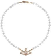 🪐 saturn planet crystal rhinestone necklace with white pearl beads logo