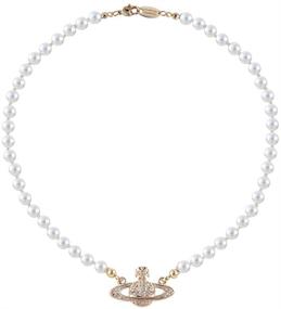 img 2 attached to 🪐 Saturn Planet Crystal Rhinestone Necklace with White Pearl Beads