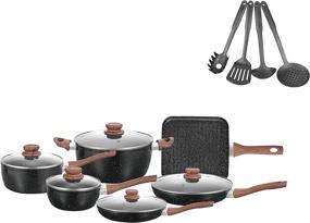 img 4 attached to 🍳 Tudaidasiy 14-Piece Nonstick Cookware Set with Granite Coating and Handmade Wooden Brown Handle - Premium Kitchen Cookware Set, Dishwasher and Stove Safe (Black)