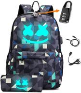 smile luminous backpack with usb charging port, anti-theft lock, pencil case, and laptop compartment - perfect unisex school bookbag daypack (geometric design) logo