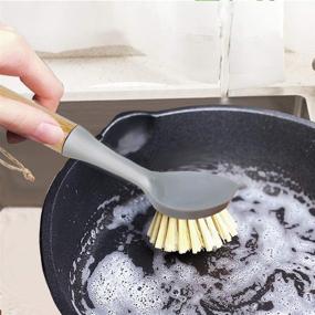 img 3 attached to 🧹 Bamboo Handled Dish Brush with Built-in Scraper for Effective Kitchen Cleaning - Pack of 2