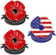 set of 3 poppy flower brooch pins with unique design, red flower, usa american flag element - ideal gifts for lest we forget, memorial day, veterans day, remembrance day logo