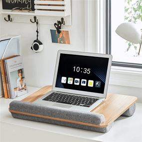 img 2 attached to SONGMICS Lap Desk: Portable Laptop Table for 15.6 Inch Laptops with Handle, Cushion, and Phone/Tablet Slot - Natural ULLD107N01