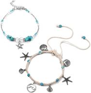 🐢 exquisite handmade multilayer charm beads sea anklet: softones blue starfish & turtle foot jewelry for women & girls logo