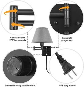 img 1 attached to 🔌 TRLIFE Dimmable Wall Sconce Plug in Set – Swing Arm Wall Lights with Switch, 9.4" Grey Fabric Lampshade (LED Bulbs Included)