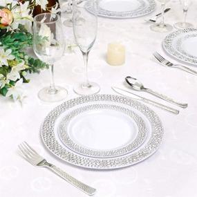 img 1 attached to 🍽️ 102pcs Hammered Design Silver Plastic Plates - Elegant White Disposable Wedding Party Plastic Plates Set, Includes 51 Dinner Plates 10.25inch & 51 Salad/Dessert Plates 7.5inch