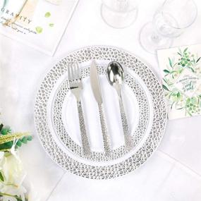 img 2 attached to 🍽️ 102pcs Hammered Design Silver Plastic Plates - Elegant White Disposable Wedding Party Plastic Plates Set, Includes 51 Dinner Plates 10.25inch & 51 Salad/Dessert Plates 7.5inch