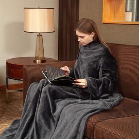 img 4 attached to 🔥 Viviland Cozy Fleece Wearable Blanket with Sleeves & Foot Pocket - Adult Women Men's Plush Throw for Lounge Couch Reading Watching TV - Adjustable Hook & Loop - 73"x 51" Charcoal