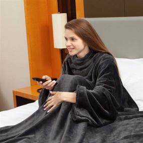 img 2 attached to 🔥 Viviland Cozy Fleece Wearable Blanket with Sleeves & Foot Pocket - Adult Women Men's Plush Throw for Lounge Couch Reading Watching TV - Adjustable Hook & Loop - 73"x 51" Charcoal