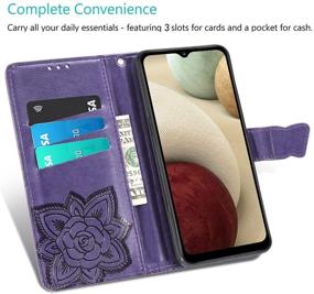 img 3 attached to Stylish Butterfly & Flower Embossed Galaxy A12 Wallet Case - Purple Leather Flip Phone Cover with Card Slots and Kickstand