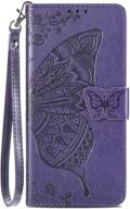 stylish butterfly & flower embossed galaxy a12 wallet case - purple leather flip phone cover with card slots and kickstand logo