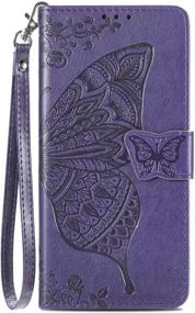 img 4 attached to Stylish Butterfly & Flower Embossed Galaxy A12 Wallet Case - Purple Leather Flip Phone Cover with Card Slots and Kickstand