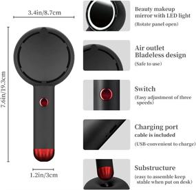 img 3 attached to 🌟 Black Star Compass Mini Handheld Fan - Bladeless Portable Fan with USB Rechargeable Battery, LED Makeup Mirror & 3 Speeds - Ideal Travel, Office & Gift for Girls & Women