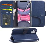 📱 arae case for iphone 11 - premium pu leather wallet cover with stand feature, wrist strap, and 4-slots for id/credit cards - blue (6.1 inch, 2019 released) logo