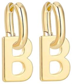 img 4 attached to 🔥 Personalized Initial Letter B Dangle Hoop Earrings for Women Girls, Minimalist Punk Alphabet Chunky Thick Huggie Hoops with Unique Dangling Charm, 18K Gold Plated Hypoallergenic Jewelry Gifts