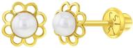 🌸 14k yellow gold girl's delicate cultured pearl flower screw back stud earrings - petite flower screw back earrings for infants, kids, young girls logo