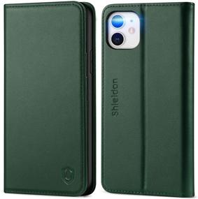 img 4 attached to Durable RFID iPhone 11 Wallet Case by SHIELDON - Genuine Leather 📱 Flip Book Design with Kickstand, Card Slots, and Magnetic Closure in Midnight Green