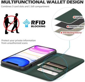 img 2 attached to Durable RFID iPhone 11 Wallet Case by SHIELDON - Genuine Leather 📱 Flip Book Design with Kickstand, Card Slots, and Magnetic Closure in Midnight Green