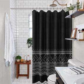 img 3 attached to 🚿 Black and White Boho Shower Curtain Set with Hooks - Farmhouse Fabric Shower Curtain - Geometric Nordic Bohemian Chic Modern Waffle Design - Water Repellent Decor for Bathroom, Hotel - Tassel Details - 72x72 Inch