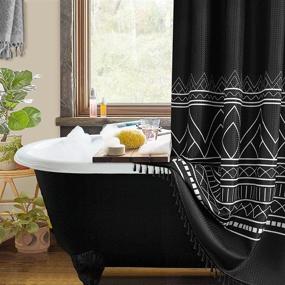 img 4 attached to 🚿 Black and White Boho Shower Curtain Set with Hooks - Farmhouse Fabric Shower Curtain - Geometric Nordic Bohemian Chic Modern Waffle Design - Water Repellent Decor for Bathroom, Hotel - Tassel Details - 72x72 Inch