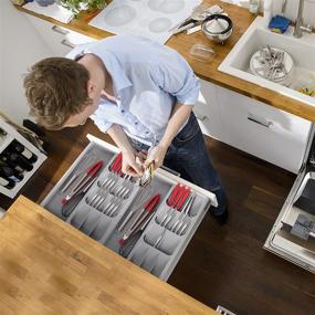 img 1 attached to 🍴 YUOIOYU Expandable Cutlery Organizer for Kitchen Drawers - Neatly Organize Flatware, Forks, and Spoons in Gray Silverware Tray