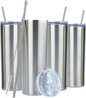 🥤 silver skinny tumblers - pack of 4, 20oz double wall insulated stainless steel tumblers with lids and straws - travel tumbler mug, iced coffee cup, reusable water bottle for tea, smoothies logo