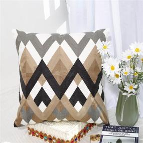 img 1 attached to 🛋️ Oneslong Throw Pillow Case Covers - Set of 2: 100% Cotton, Decorative Geometric Strip Embroidered Design on Solid Natural White Background - Enhance Your Couch, Sofa, Bed! 18 x 18 Inches - Cushion Not Included