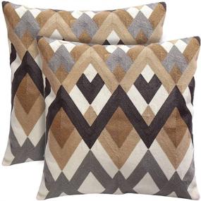 img 4 attached to 🛋️ Oneslong Throw Pillow Case Covers - Set of 2: 100% Cotton, Decorative Geometric Strip Embroidered Design on Solid Natural White Background - Enhance Your Couch, Sofa, Bed! 18 x 18 Inches - Cushion Not Included