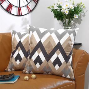 img 2 attached to 🛋️ Oneslong Throw Pillow Case Covers - Set of 2: 100% Cotton, Decorative Geometric Strip Embroidered Design on Solid Natural White Background - Enhance Your Couch, Sofa, Bed! 18 x 18 Inches - Cushion Not Included