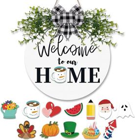 img 4 attached to 🏡 Rustic Wooden Welcome Hello Sign for Front Door Decor - Interchangeable, Seasonal Farmhouse Porch Home Wreath Sign 12 Inches with 12pcs Decorations for Fall, Halloween, Christmas, Thanksgiving Gifts (White)