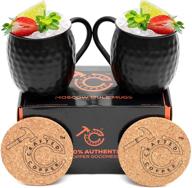 🍺 set of 2 moscow mule copper mugs - 16oz handcrafted, 100% food safe, with coaster - ideal for beer, wine, parties, cocktails - antique black mugs logo