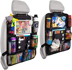 img 4 attached to 🚗 Reserwa Car Backseat Organizer x2 Kick Mats with Clear Screen Tablet Holder, 9 Storage Pockets Seat Back Protectors for Toys Drinks Books Pens - USB Headphone Slits Included