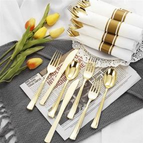 img 1 attached to 🍽️ Supernal 60 Pack Pre Rolled Napkins with Gold Plastic Silverware: Premium Disposable Gold Cutlery Set, Perfect for Party & Events