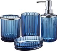 kmwares 4pcs high-quality blue glass bathroom accessories set with elegant 🚰 pressed pattern - includes hand soap dispenser, tumbler, soap dish, and toothbrush holder logo