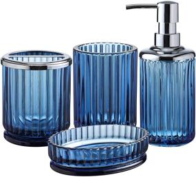 img 4 attached to KMWARES 4PCs High-Quality Blue Glass Bathroom Accessories Set with Elegant 🚰 Pressed Pattern - Includes Hand Soap Dispenser, Tumbler, Soap Dish, and Toothbrush Holder