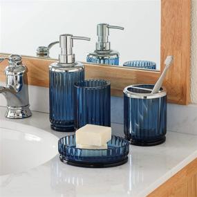 img 2 attached to KMWARES 4PCs High-Quality Blue Glass Bathroom Accessories Set with Elegant 🚰 Pressed Pattern - Includes Hand Soap Dispenser, Tumbler, Soap Dish, and Toothbrush Holder