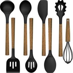 img 4 attached to 🍳 Umite Chef Silicone Cooking Utensil Set - 8-Piece Kitchen Utensils with Acacia Wooden Handles - Nonstick Cookware Friendly - Black