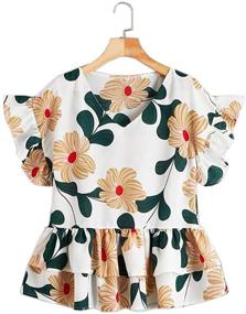 img 2 attached to 🌸 Caitefaso Girls Short Sleeve V Neck T-Shirts - Cute, Casual, & Comfortable Floral Ruffle Tops for Summer