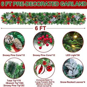 img 3 attached to 🎄 6 Ft Prelit Christmas Garland Decoration with 50 Lights Timer - Festive Indoor Xmas Decor: 8 Modes, Snowy Bristle Pine, Ball Ornaments, Pinecones, Red Berries, Cypress Leaves - Battery Operated