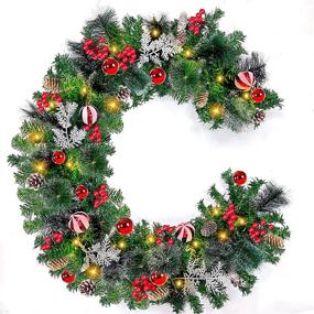 img 4 attached to 🎄 6 Ft Prelit Christmas Garland Decoration with 50 Lights Timer - Festive Indoor Xmas Decor: 8 Modes, Snowy Bristle Pine, Ball Ornaments, Pinecones, Red Berries, Cypress Leaves - Battery Operated