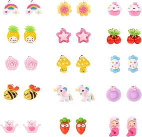 img 4 attached to Princess Play Jewelry: 15 Pairs of Clip-On Earrings Set for Girls – Crown, Fruit, Flowers, Cute Clip-On Earrings for Girls