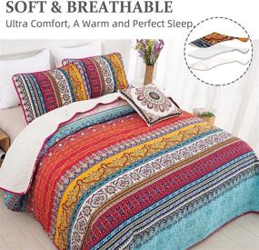img 3 attached to 🌈 Bohemian Striped Quilt Set Queen: All-Season Boho Bedspread, Soft Microfiber - 3-Piece Queen Size