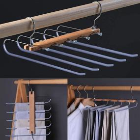 img 4 attached to Space-Saving Pants Hangers - Foldable Stainless Steel & Wooden Trouser Rack with Non-Slip 5 Layers - Closet Organizer for Jeans and more (Silver)