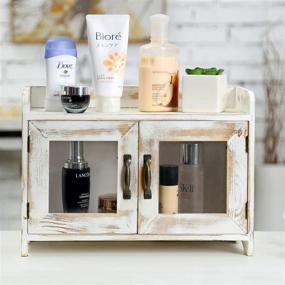 img 3 attached to 🏺 Rustic Whitewashed Wood Kitchen and Bathroom Countertop Storage Cabinet - Glass Windows, Vintage Brass Handles - MyGift