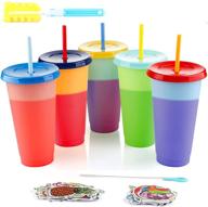 🌈 vibrant color changing cups set - 24oz, 5 pcs, reusable acrylic cups with lids, straws & straw cleaner - matte plastic tumblers with stickers - perfect diy gifts logo